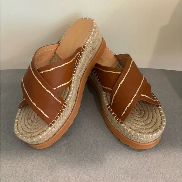 Brown Leather Espadrille Wedge Sandals - Picture 1 of 6